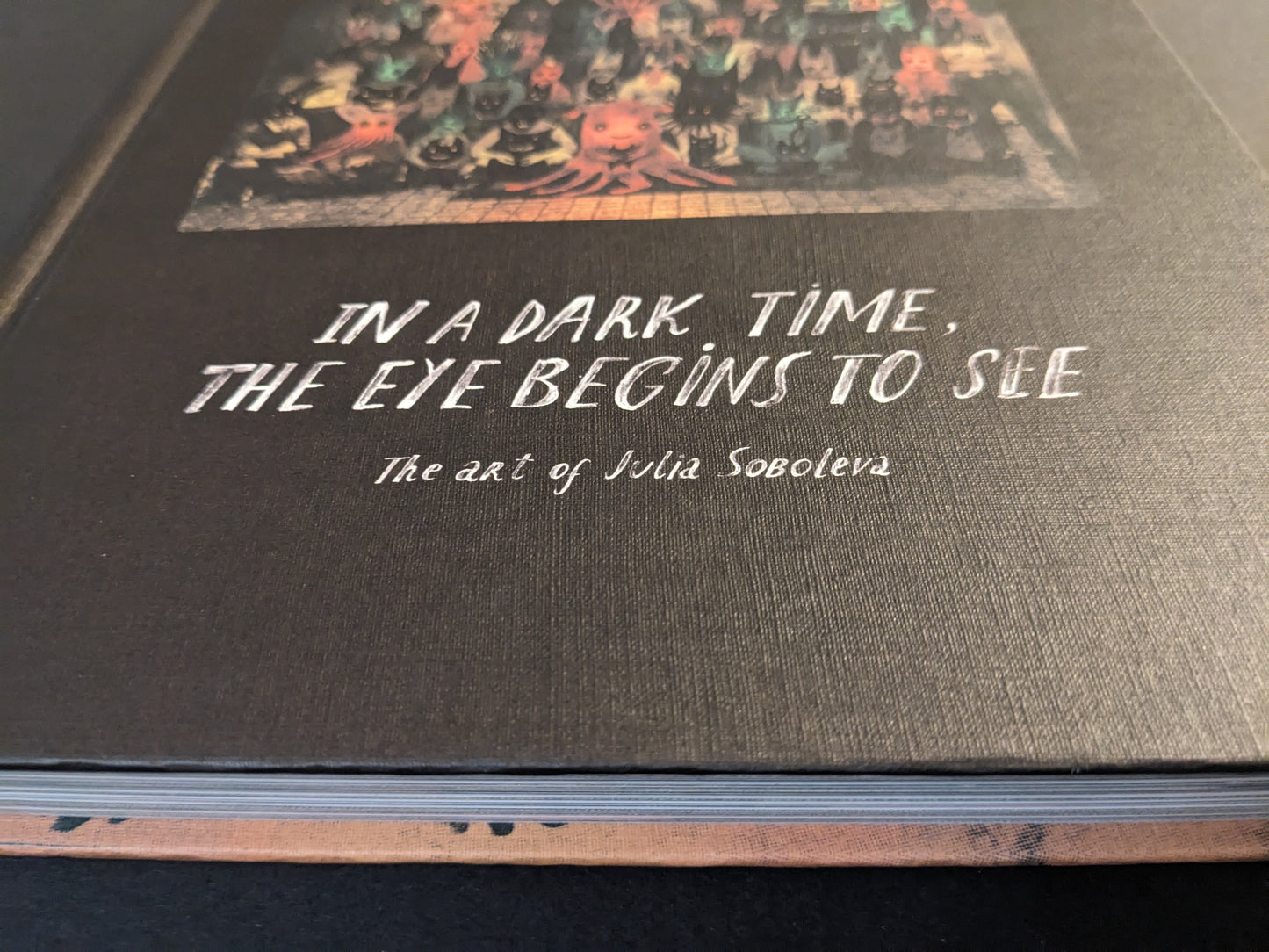 Close-up of the title text on the black cloth cover of “In a Dark Time, the Eye Begins to See: The Art of Julia Soboleva”.