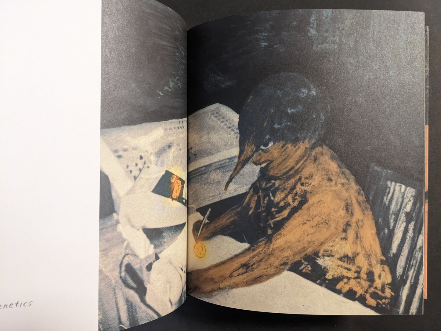 Interior artwork showing a bird-headed figure writing at a desk, with a small glowing mark near the paper.