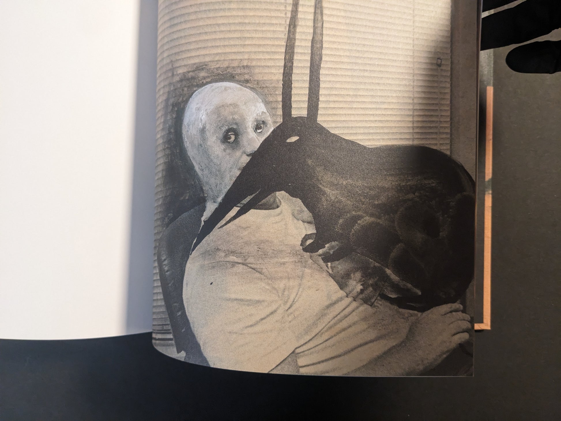 Interior artwork showing a figure holding a large black bird in a monochrome scene.