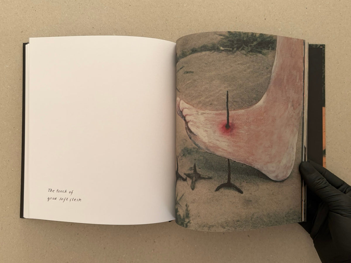 Open artbook spread from In a Dark Time, the Eye Begins to See – The Art of Julia Soboleva, showing a blank left page with the text "The touch of your soft flesh" and a right page with a close-up mixed-media image.
