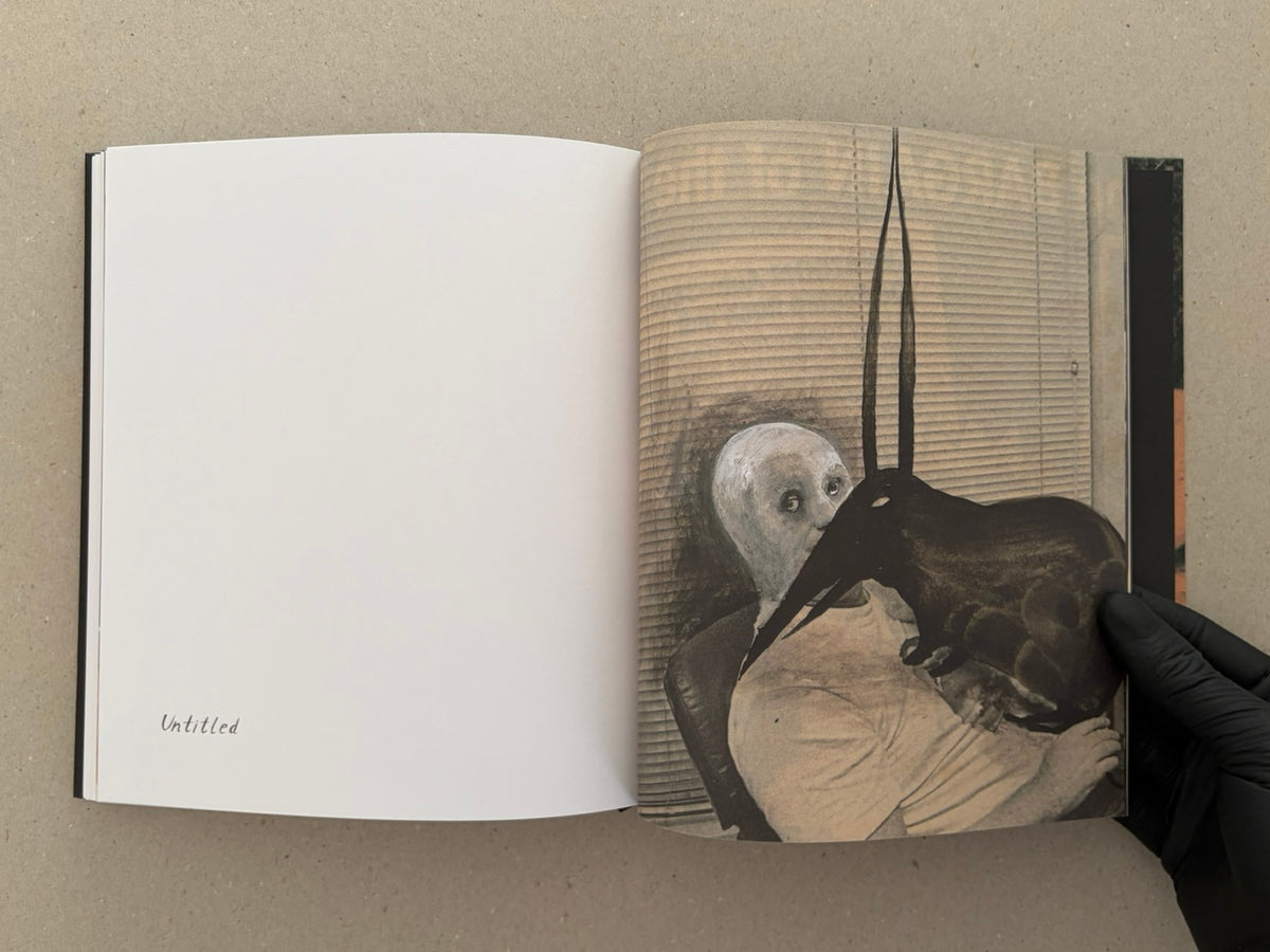 Open spread from In a Dark Time, the Eye Begins to See – The Art of Julia Soboleva, showing a blank left page with the word “Untitled” and a right page with a mixed-media image of a seated figure and a dark bird-like form.