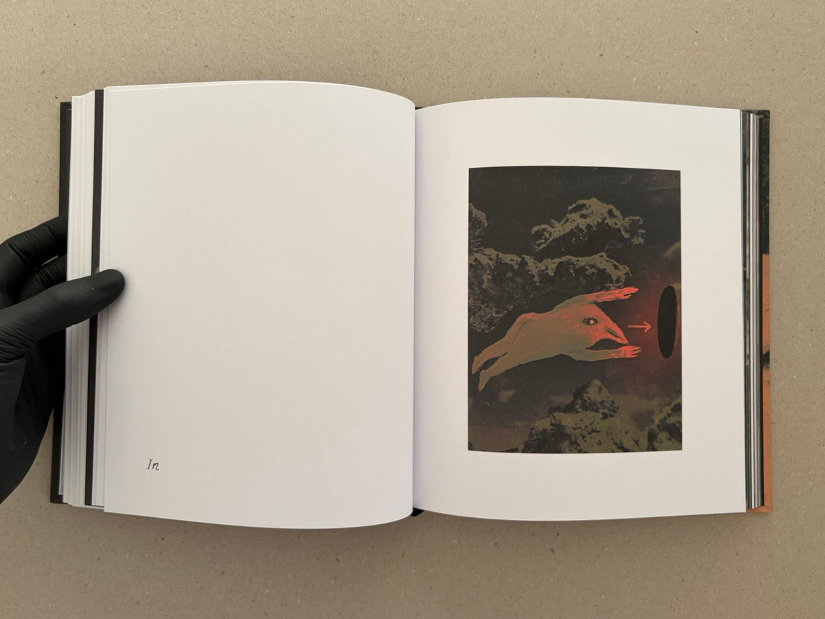 Open spread from In a Dark Time, the Eye Begins to See – The Art of Julia Soboleva, showing a mostly blank left page and a right page with a dark collage image and a small line of text at the bottom left.