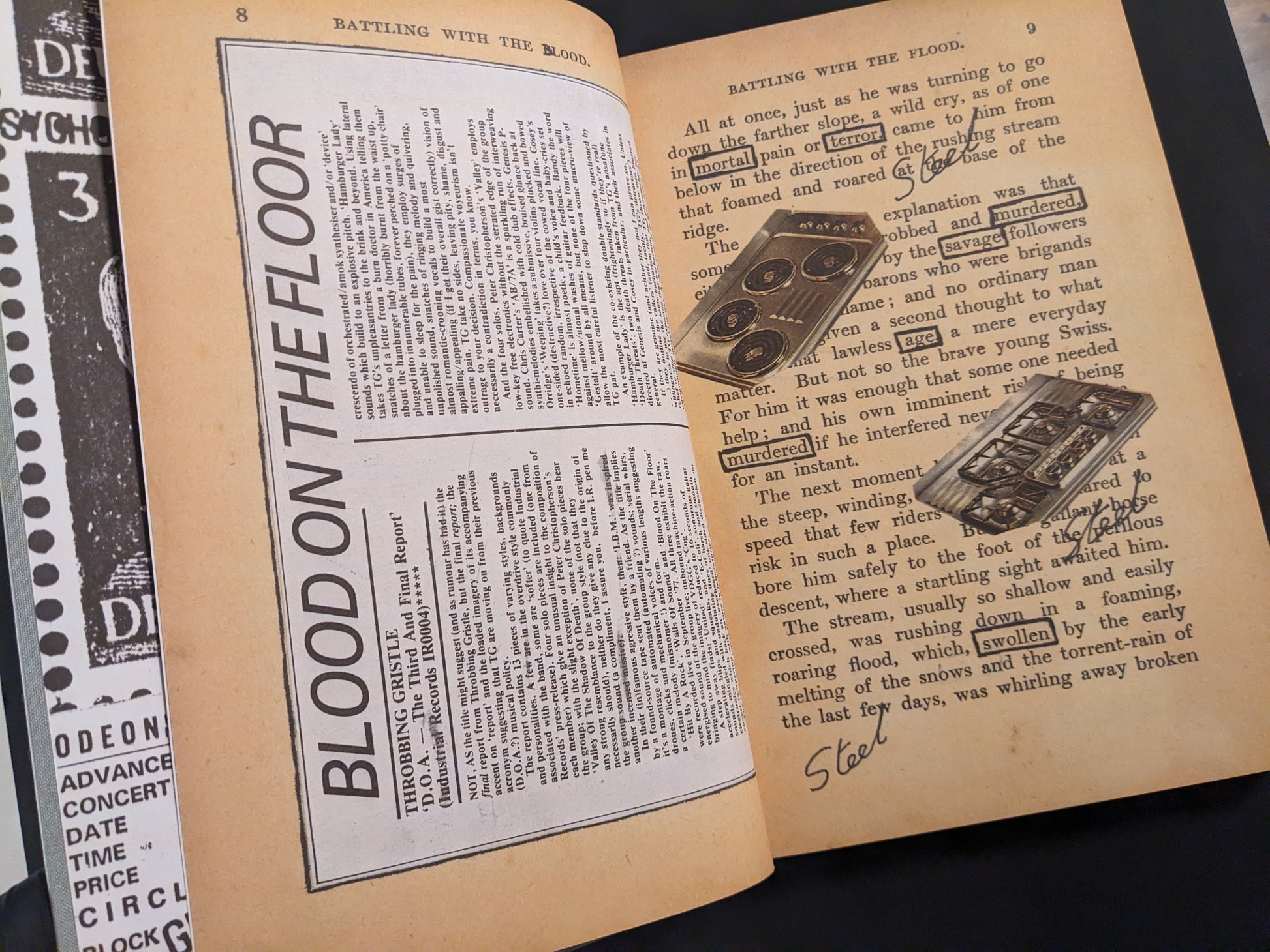 Vintage collage pages with text "Blood on the Floor" and surreal elements, from In Steel Grey Armour.