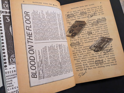 Vintage collage pages with text "Blood on the Floor" and surreal elements, from In Steel Grey Armour.