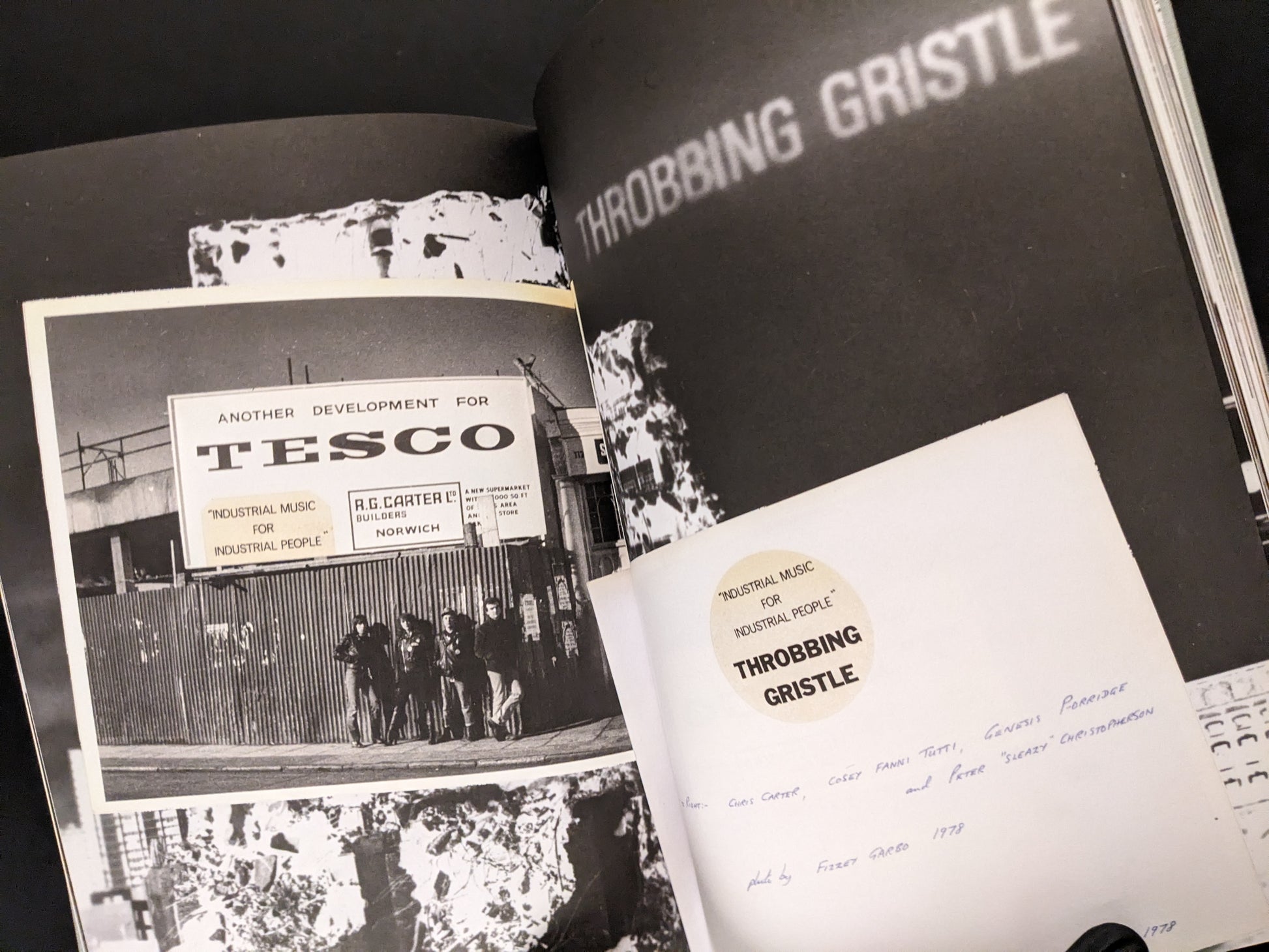 Archive spread with Throbbing Gristle sticker and photo by Chris Carter at a Tesco construction site.