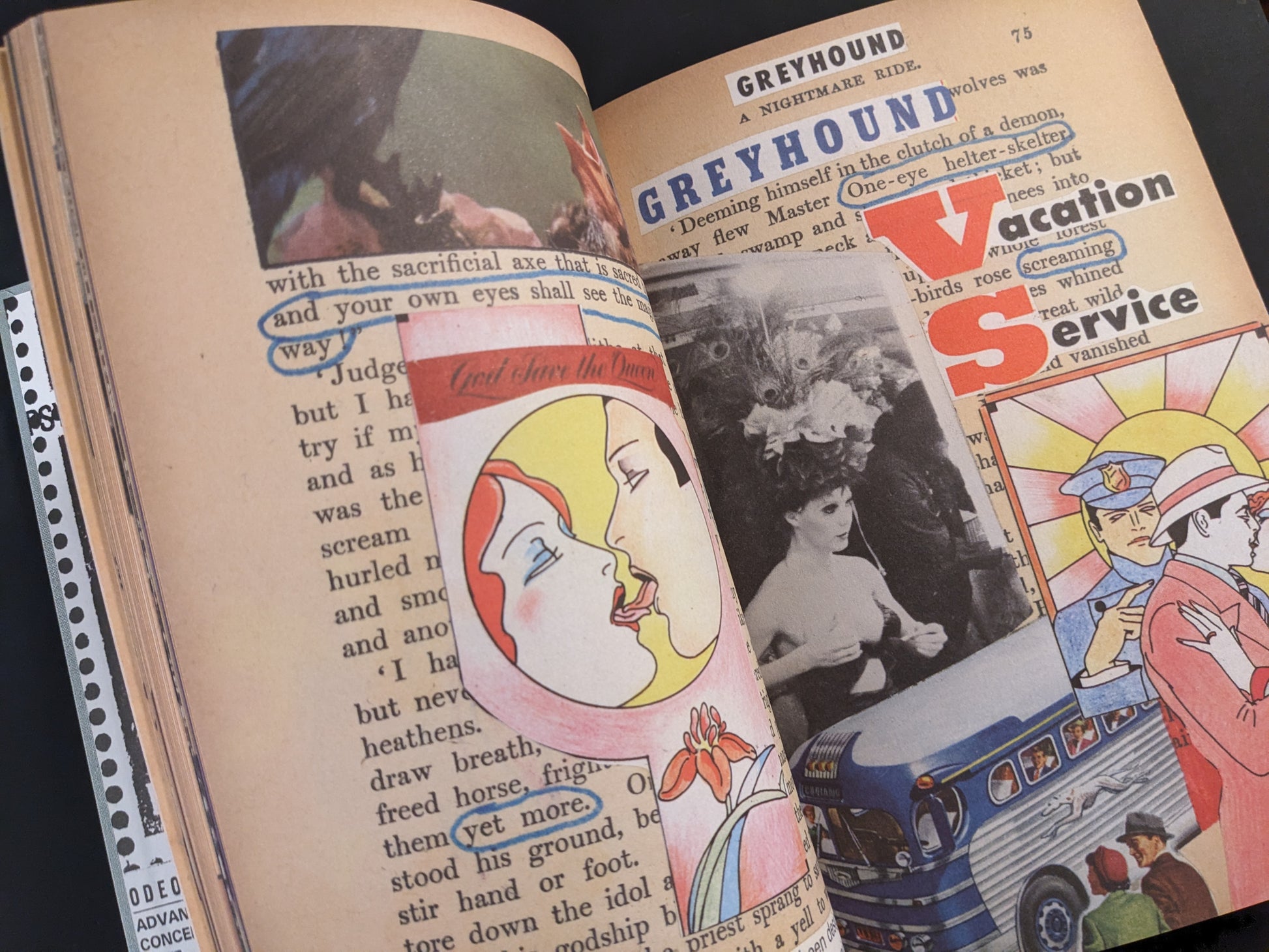 Colorful vintage collage with text "Greyhound VS Vacation Service", from In Steel Grey Armour.