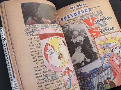 Colorful vintage collage with text "Greyhound VS Vacation Service", from In Steel Grey Armour.