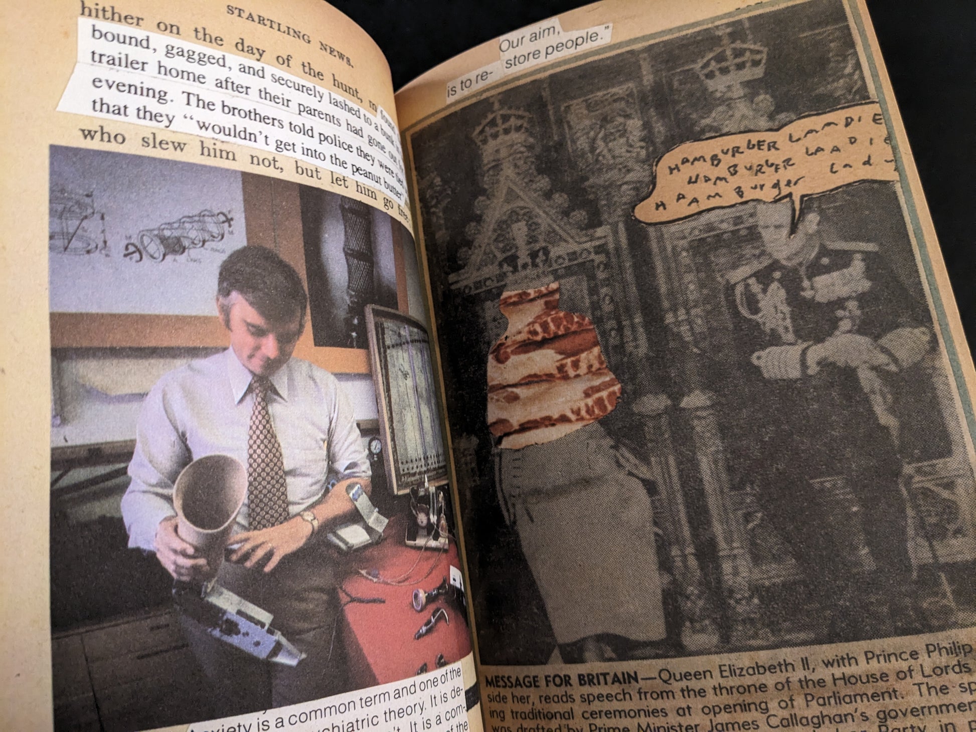 Collage featuring a political figure and handwritten text "Hamburger Lady", referencing industrial culture themes.
