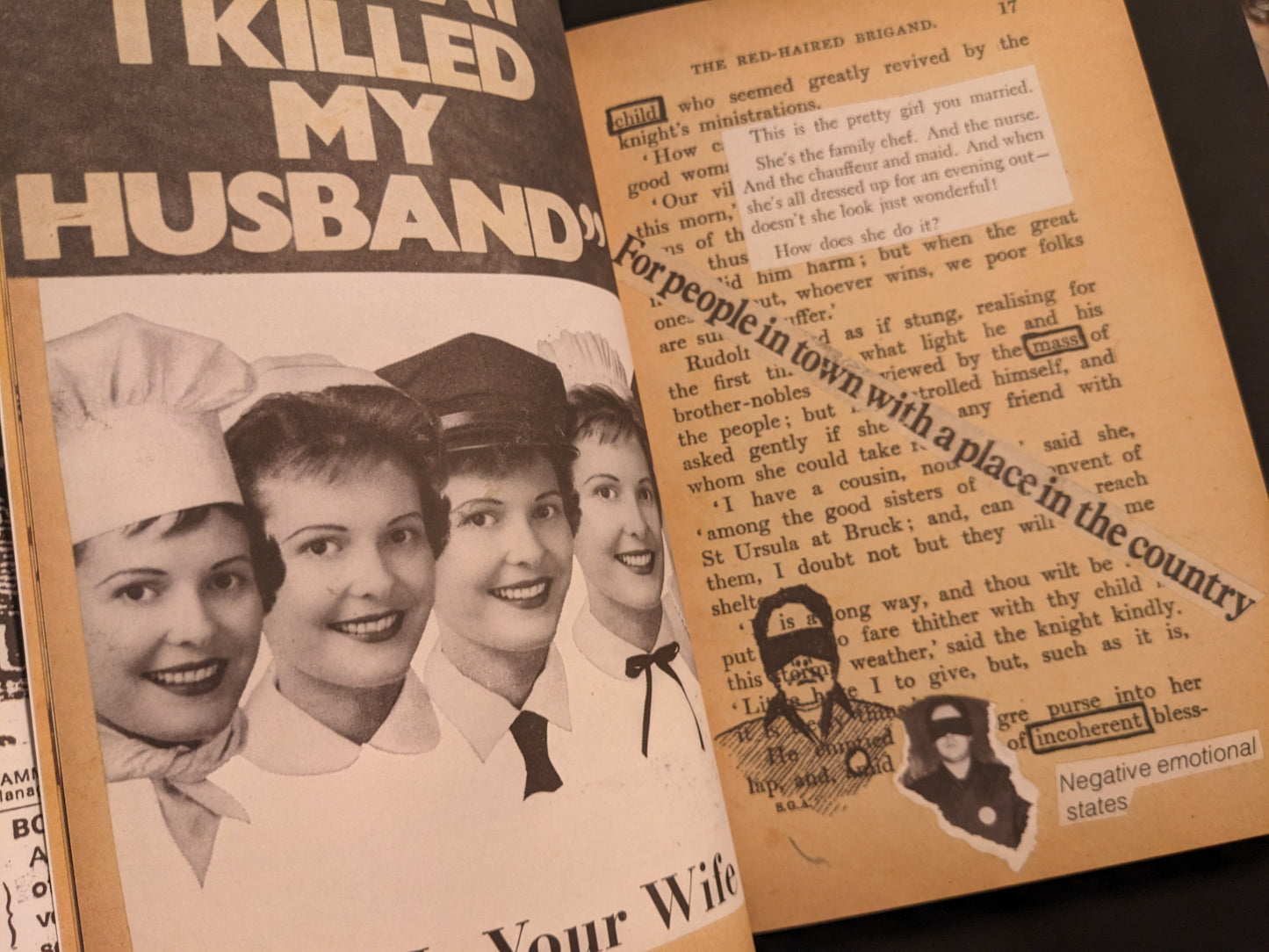 Collage with retro female portraits and text "I Killed My Husband", from In Steel Grey Armour.