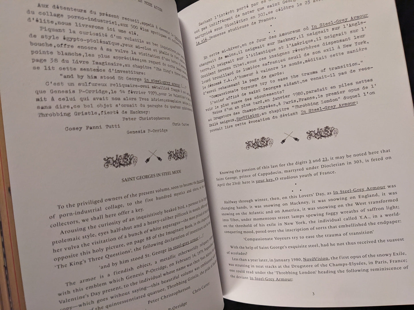 Introduction text pages in English and French, explaining the background of In Steel Grey Armour.