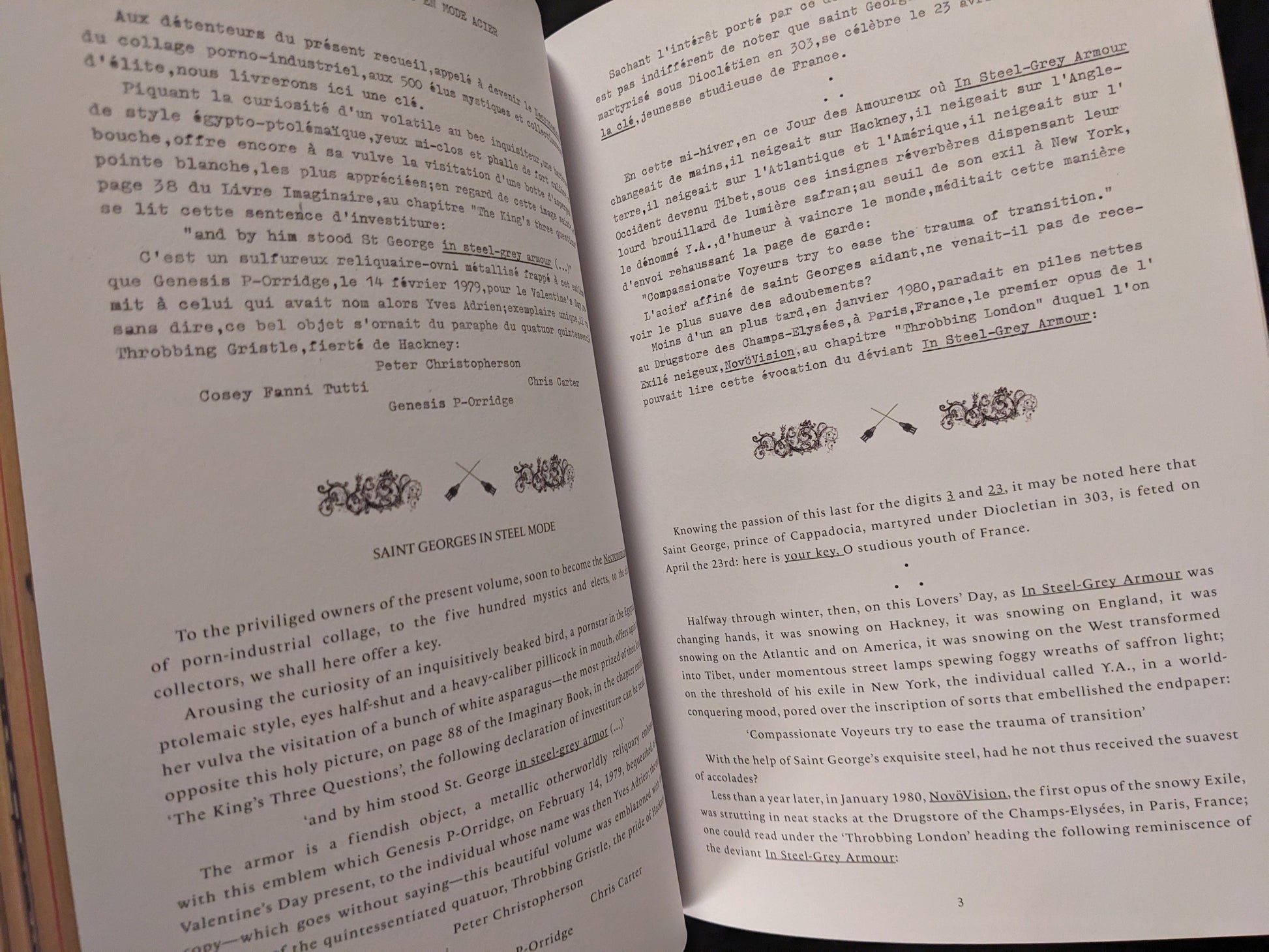 Introduction text pages in English and French, explaining the background of In Steel Grey Armour.