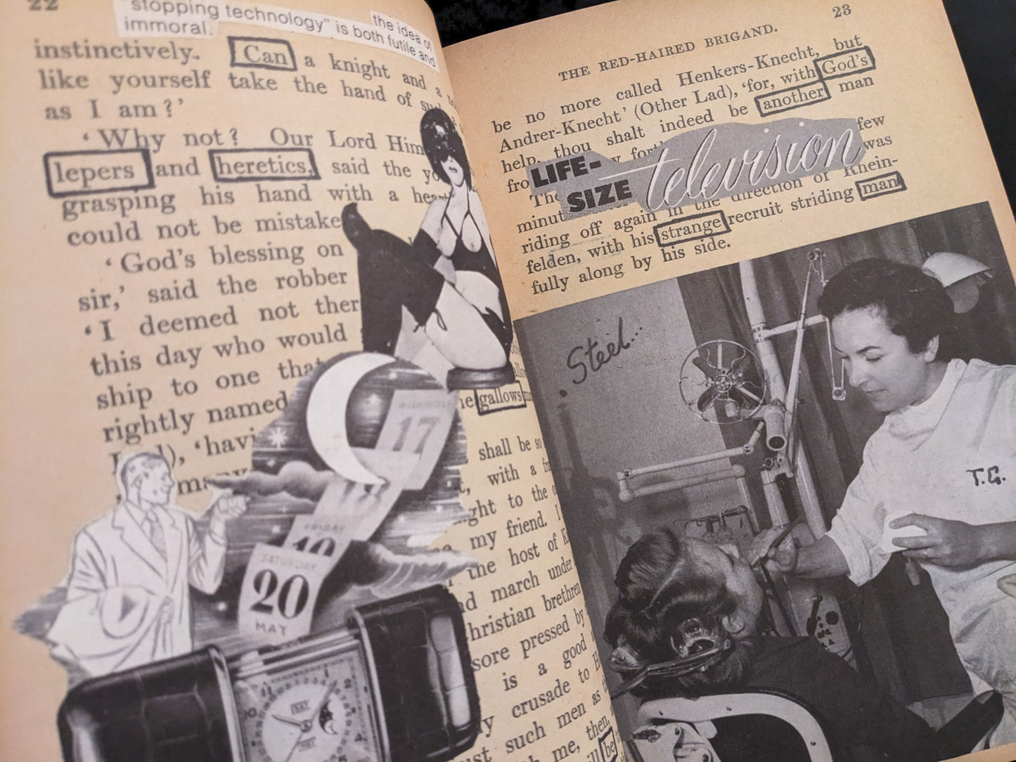 Surreal collage with highlighted words "lepers" and "heretics", vintage imagery, and handwritten text "Steel".