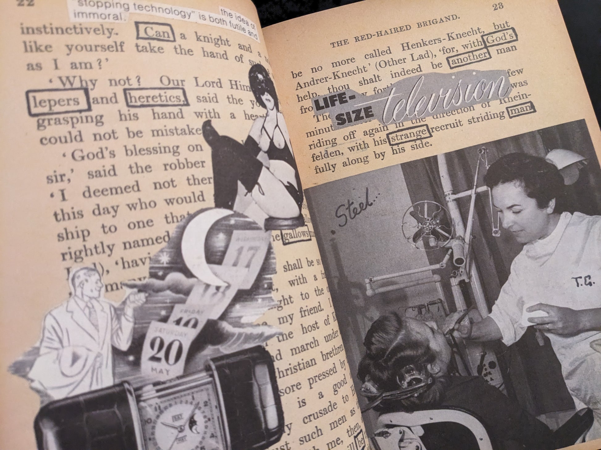 Surreal collage with highlighted words "lepers" and "heretics", vintage imagery, and handwritten text "Steel".