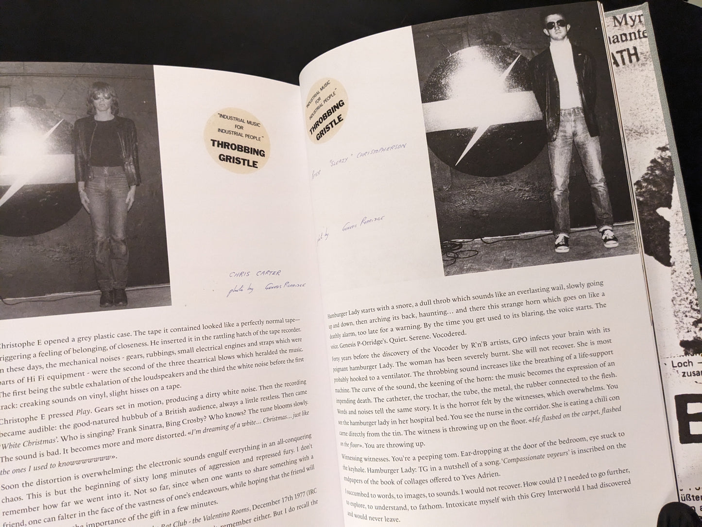 Photos of Chris Carter and Peter 'Sleazy' Christopherson with TG sticker and essay text.