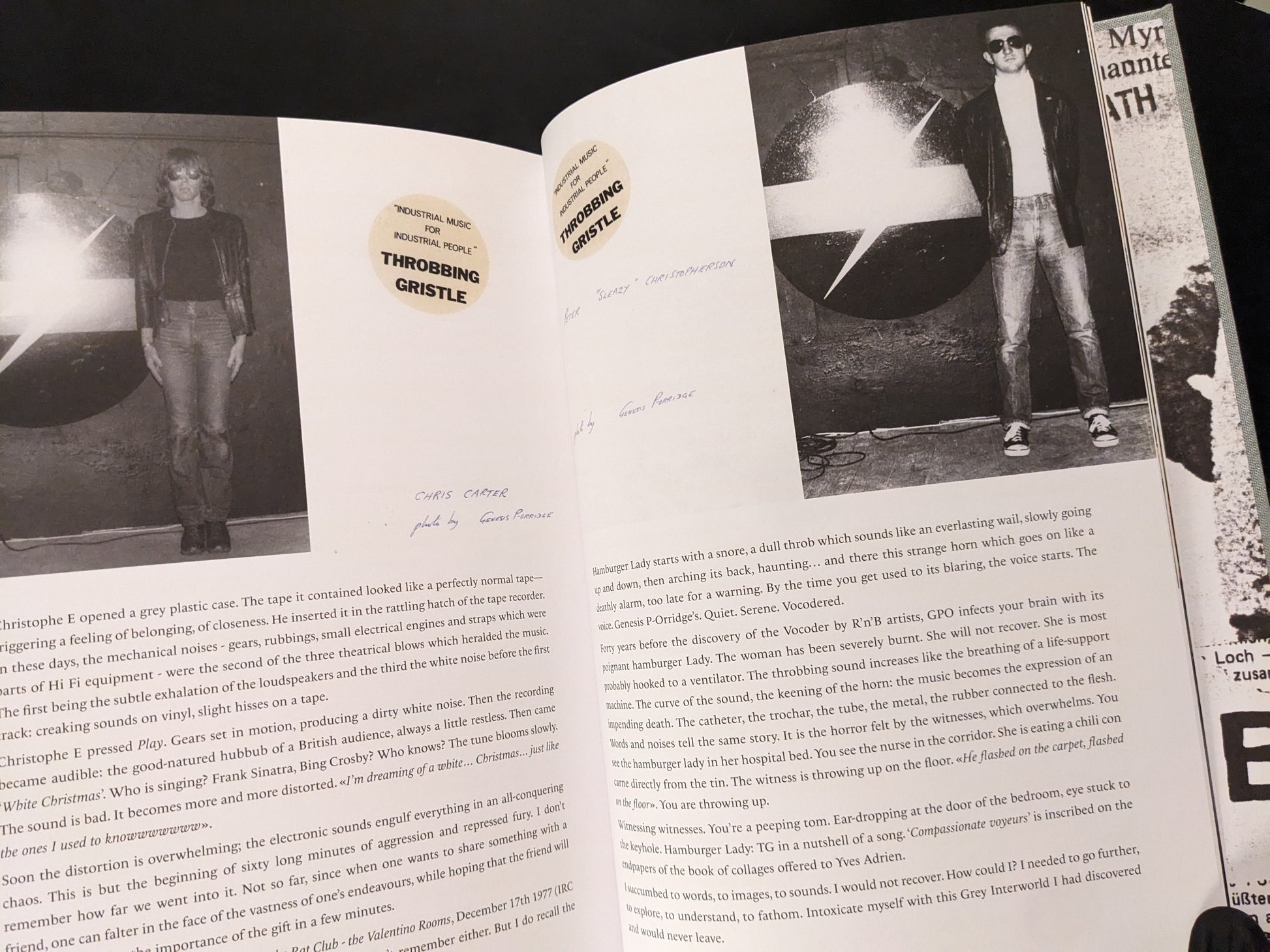 Photos of Chris Carter and Peter 'Sleazy' Christopherson with TG sticker and essay text.