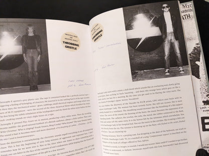 Photos of Chris Carter and Peter 'Sleazy' Christopherson with TG sticker and essay text.
