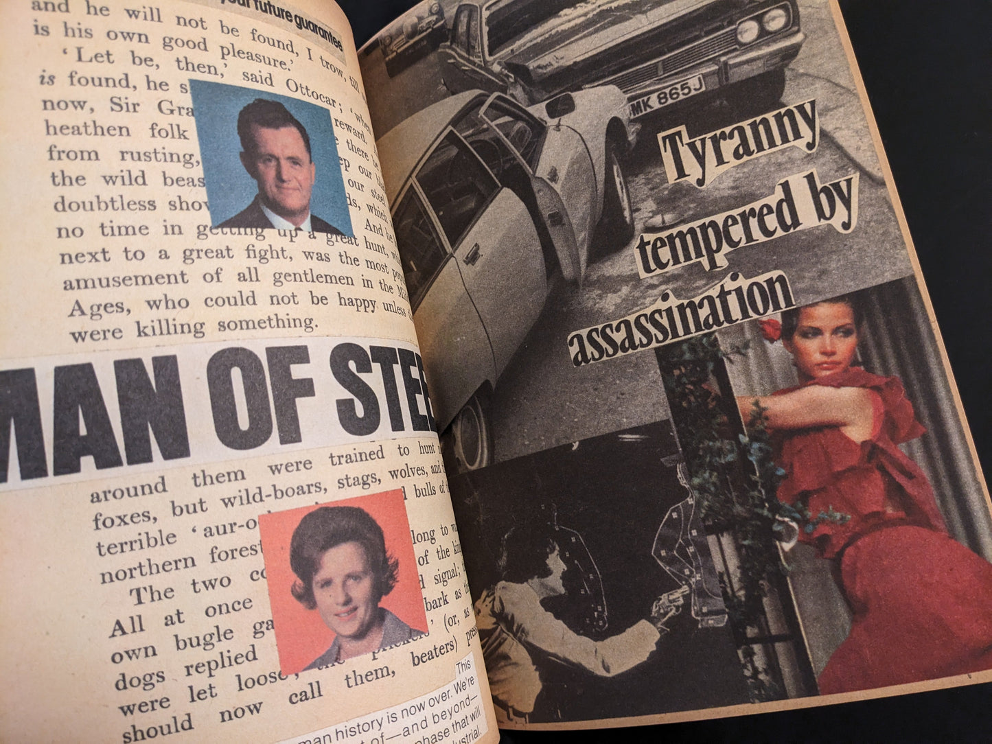 Mixed media collage with newspaper headlines including "Tyranny tempered by assassination".