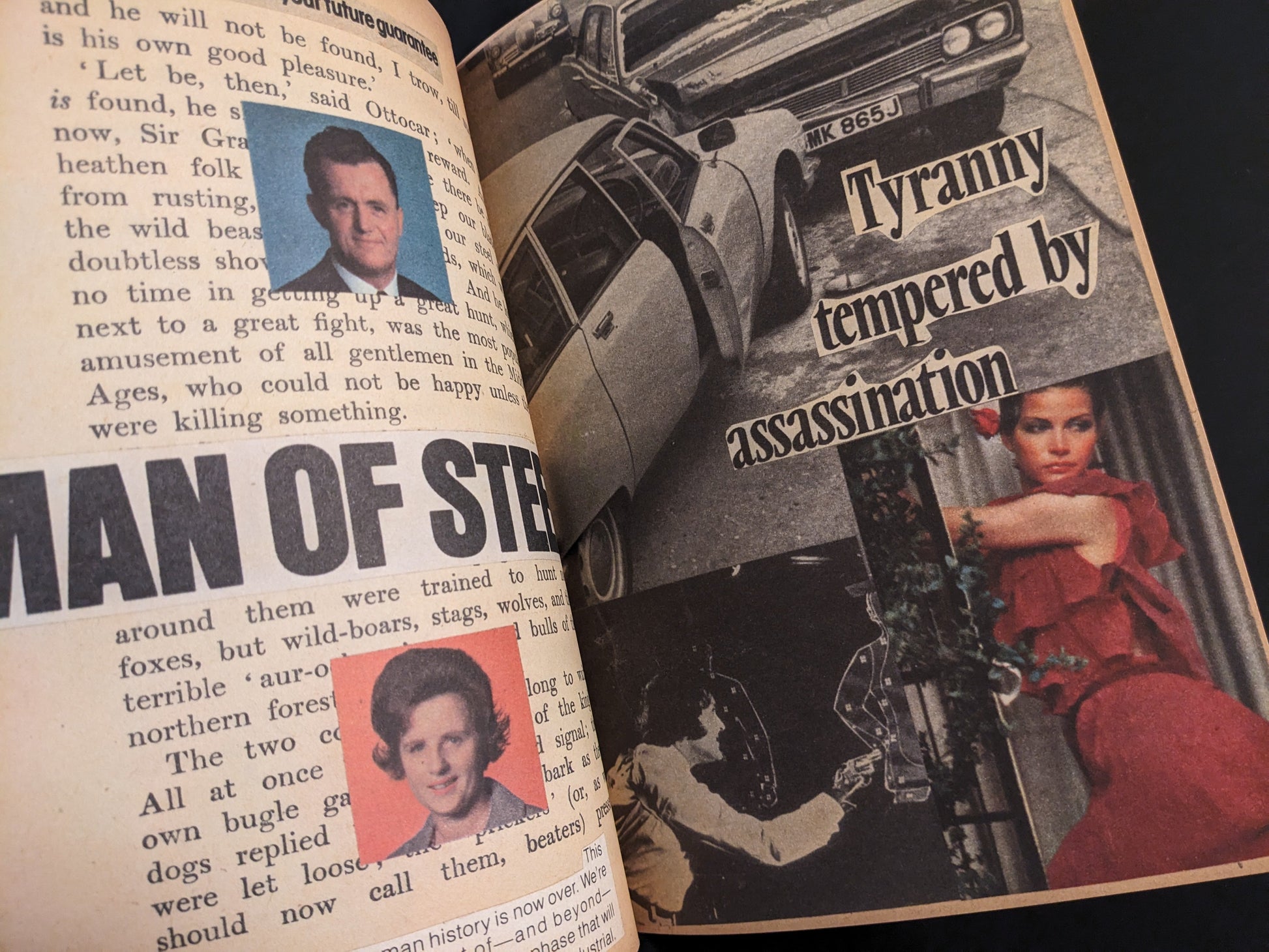 Mixed media collage with newspaper headlines including "Tyranny tempered by assassination".