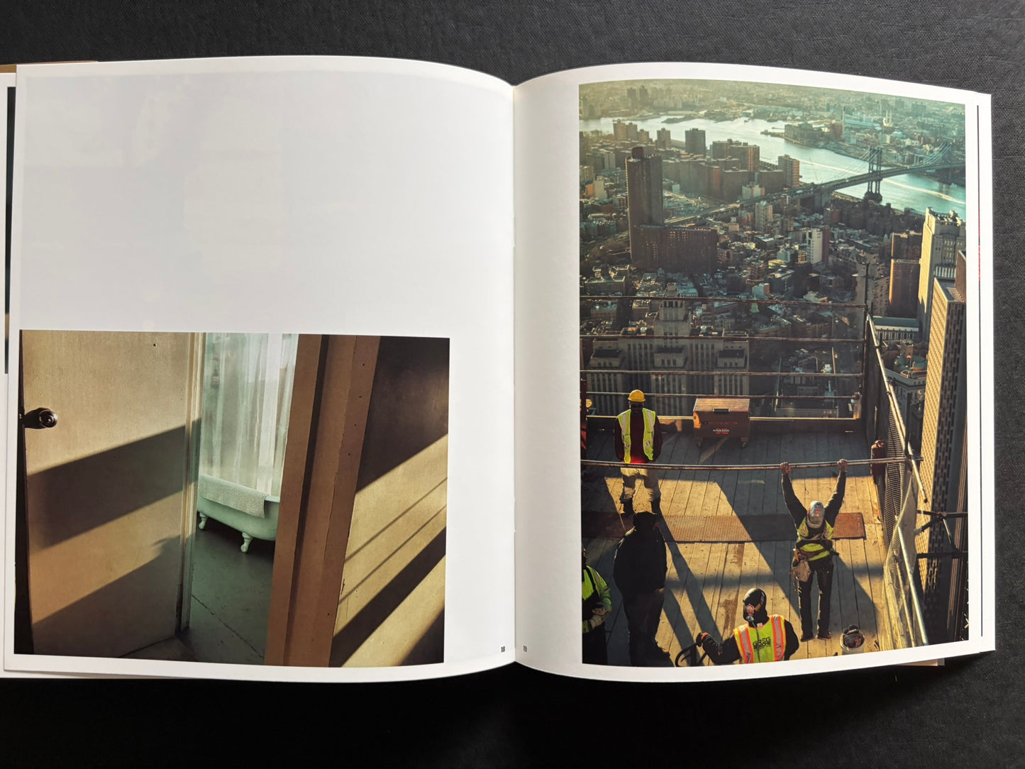 Index by Christopher Anderson, spread with a small interior detail on the left and a rooftop work scene on the right.