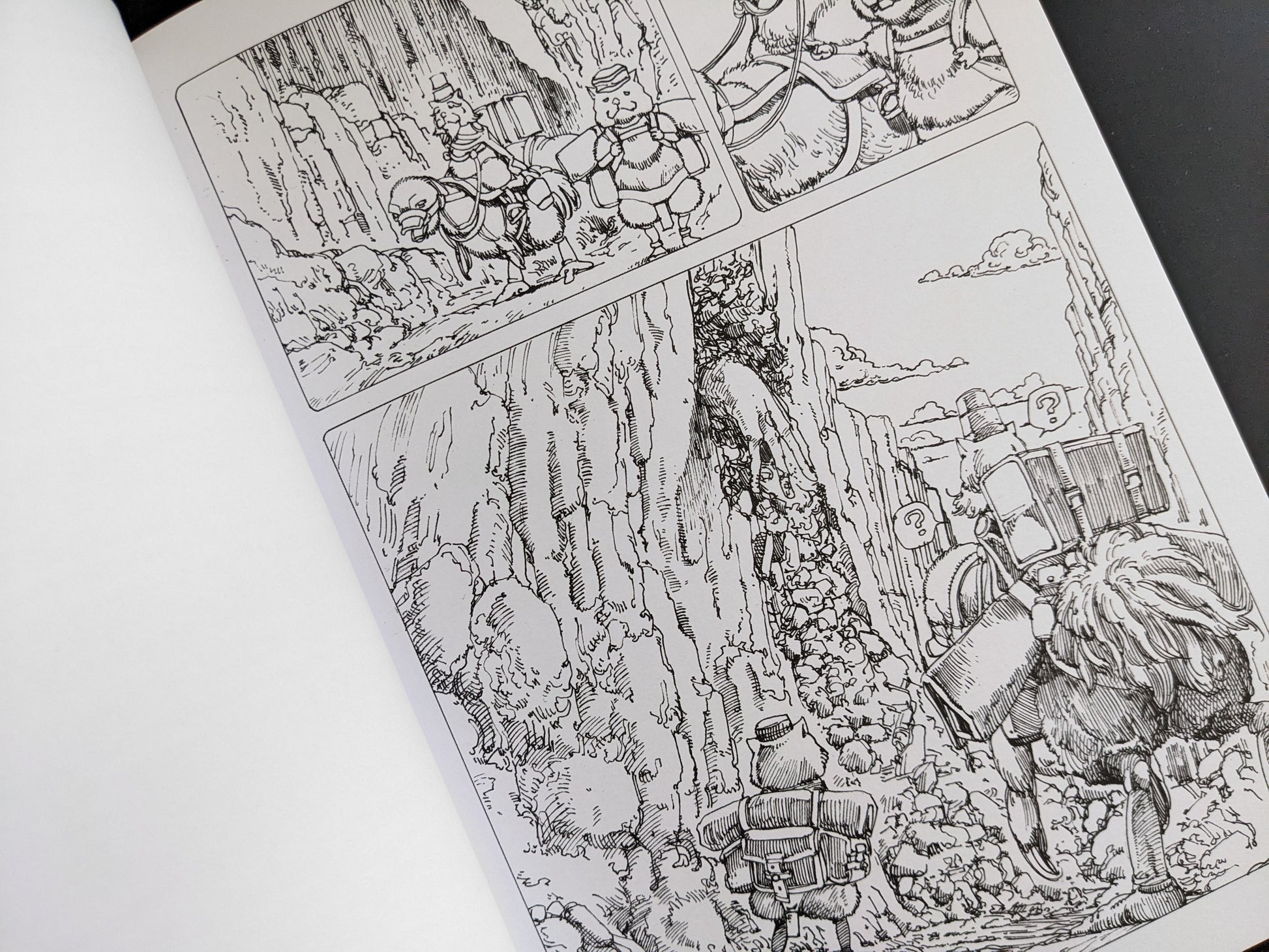 Page from Industrial Revolution and World War showing soldiers on camel-like creatures in a canyon
