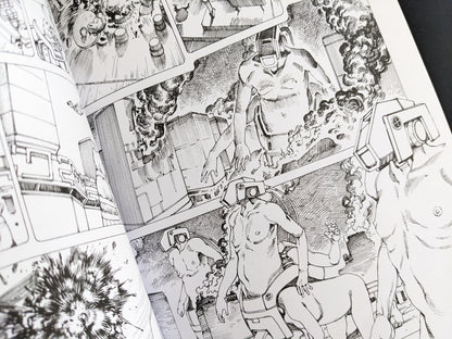 Manga page with humanoid figures in mechanical armor attacking industrial buildings