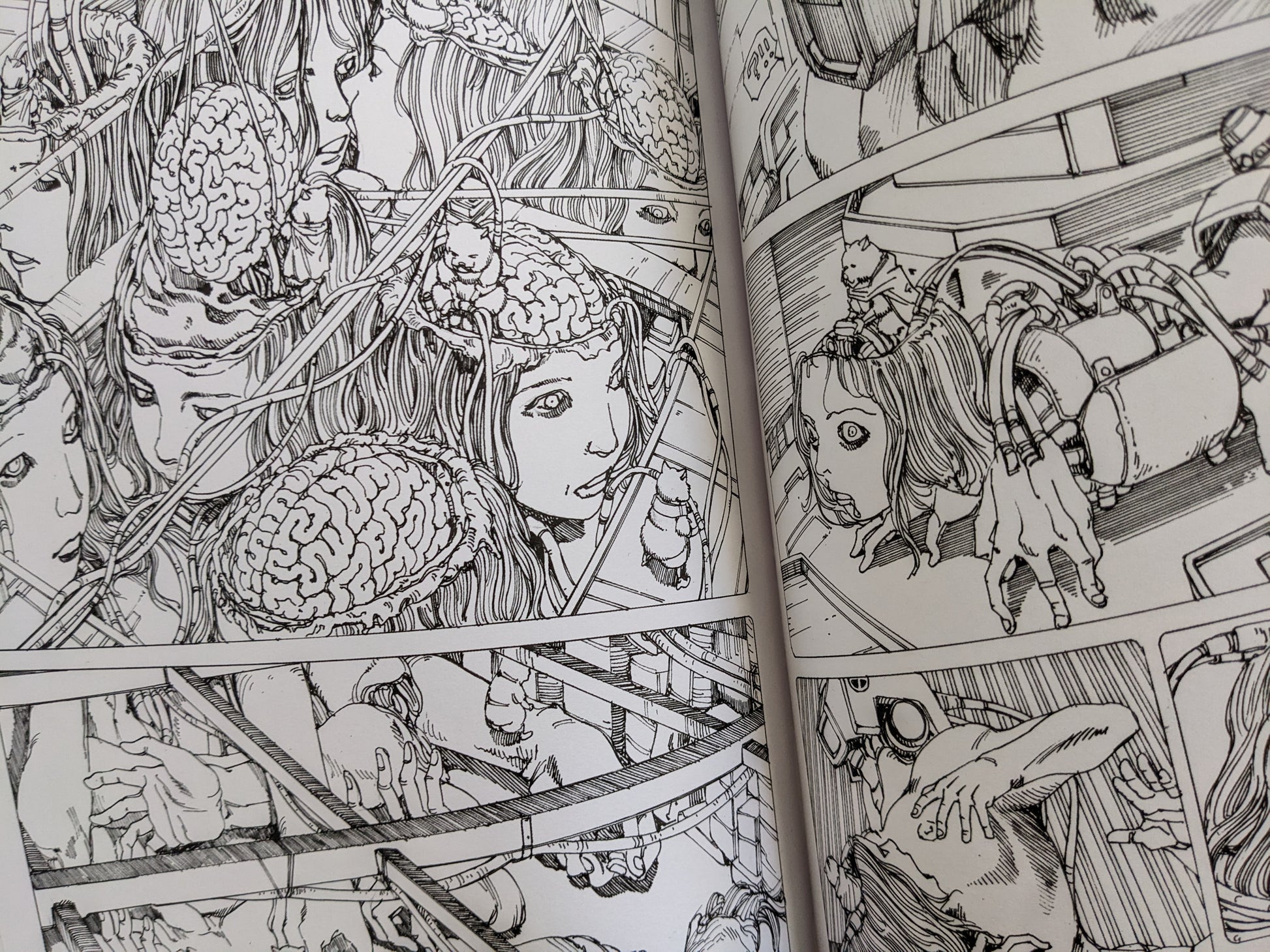 Panel from Shintaro Kago’s manga showing surreal surgery and brain dissection