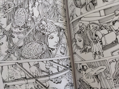 Panel from Shintaro Kago’s manga showing surreal surgery and brain dissection