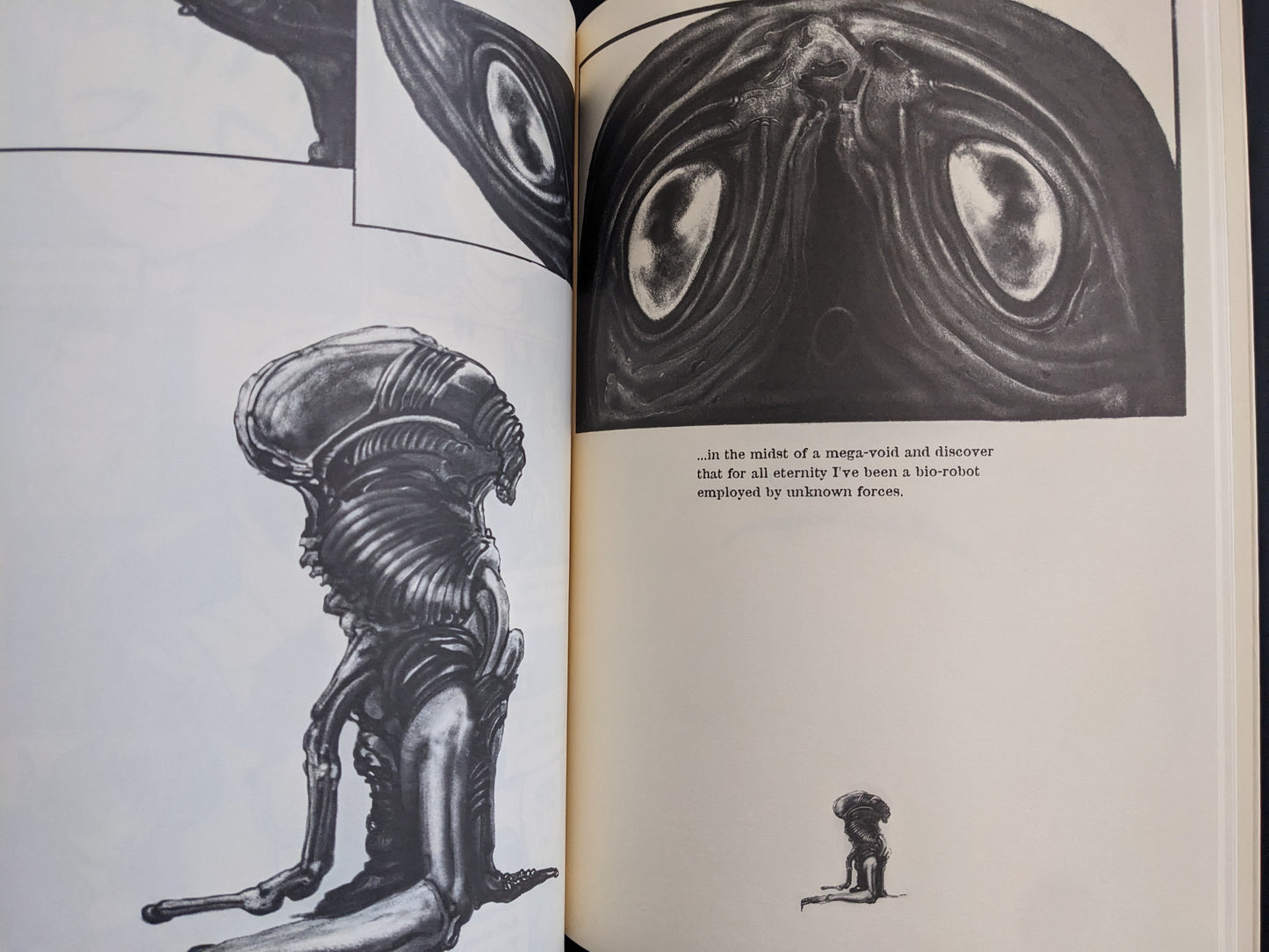 Open spread with a tall biomechanical figure, a large dark eye-like form, and a small seated figure on the right page.
