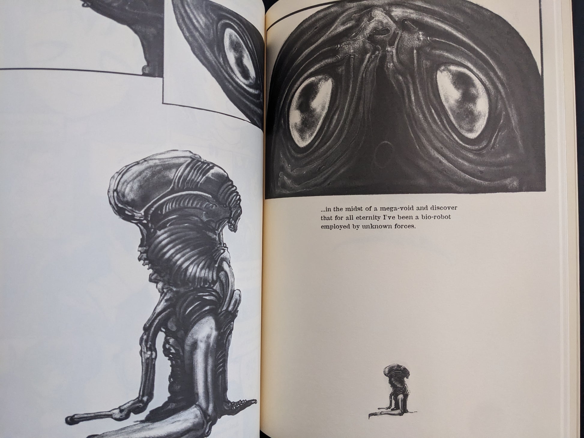 Open spread with a tall biomechanical figure, a large dark eye-like form, and a small seated figure on the right page.