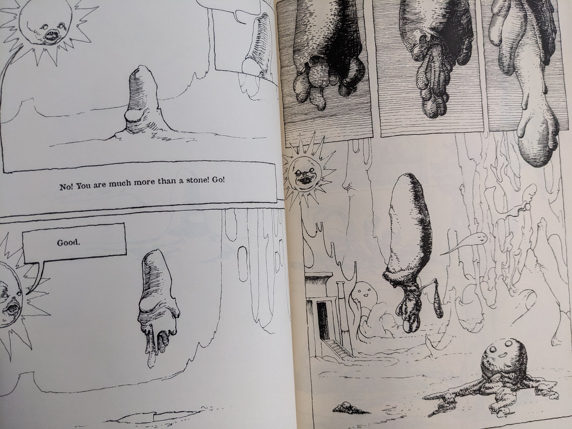 Open spread showing monochrome grotesque figures, a large skull-like face, and a red-toned page with a skeletal creature.