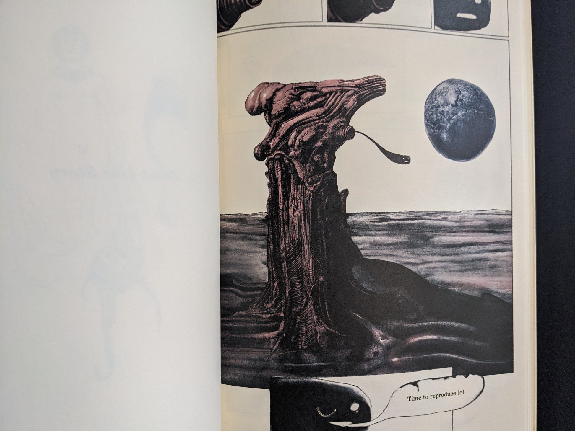 Open spread with a pink creature and a mask-like head inside decorative frames on pale blue pages.