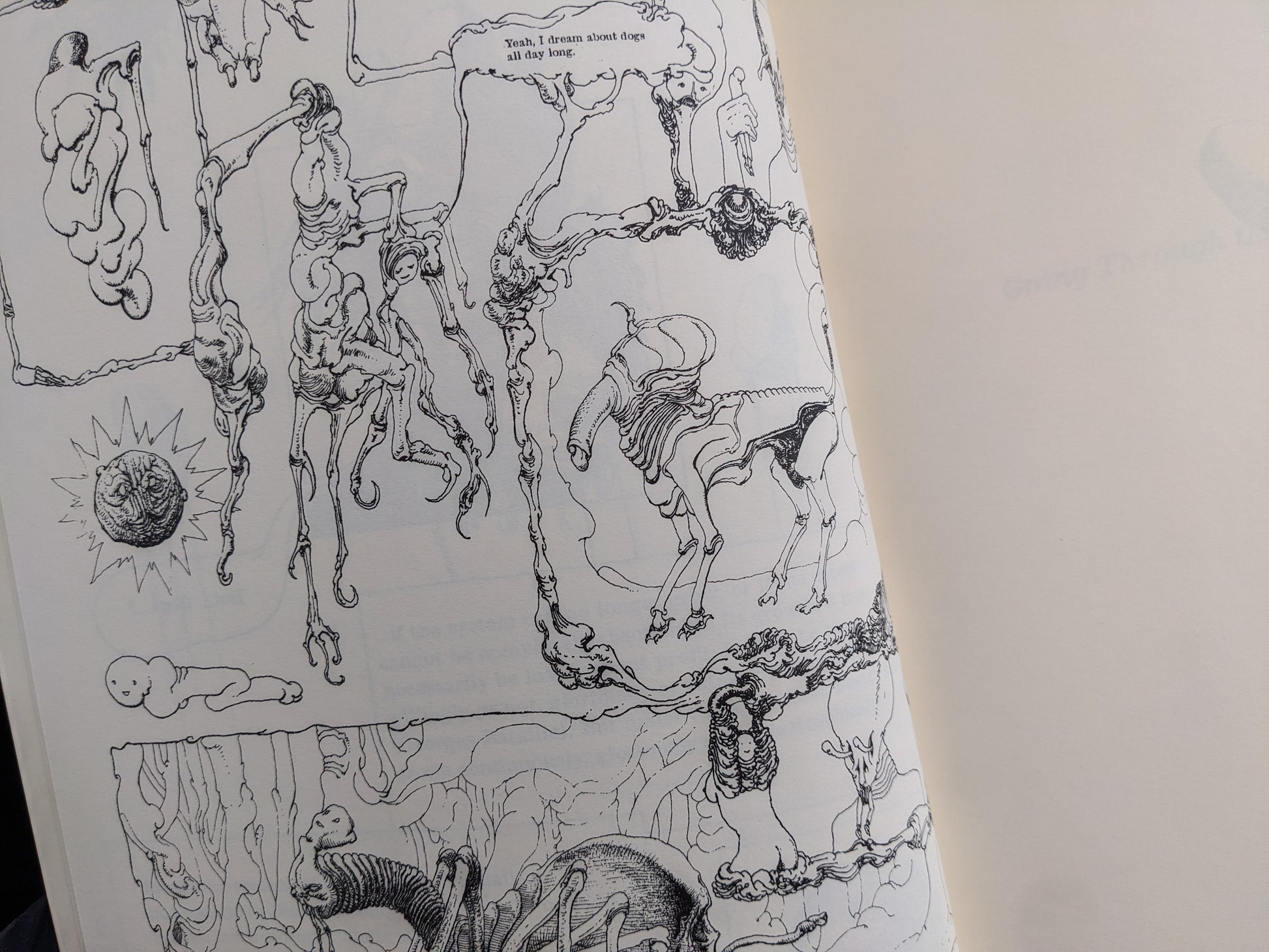 Open spread of black-and-white comic pages with skeletal figures, speech bubbles, and surreal line drawings.