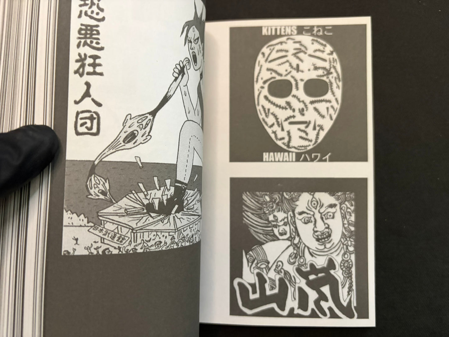 Interior spread of Japanese Punk Graphics (1980–2010) with a mask-like face graphic and a cartoon figure holding a guitar