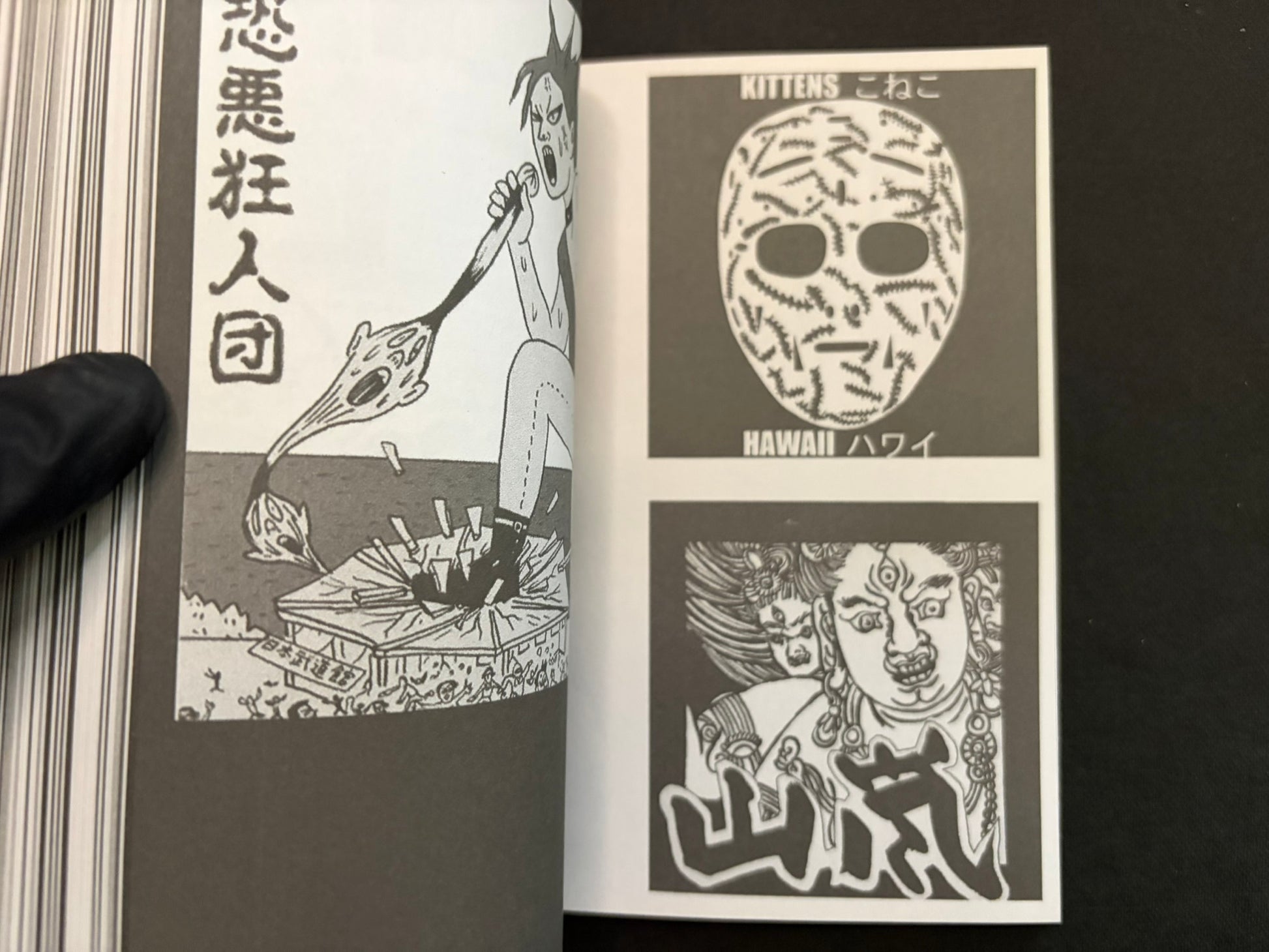 Interior spread of Japanese Punk Graphics (1980–2010) with a mask-like face graphic and a cartoon figure holding a guitar
