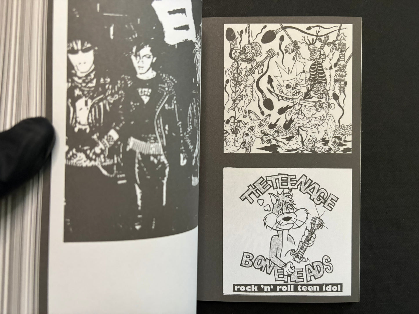Interior spread of Japanese Punk Graphics (1980–2010) with a black-and-white band photo and dense punk collage art