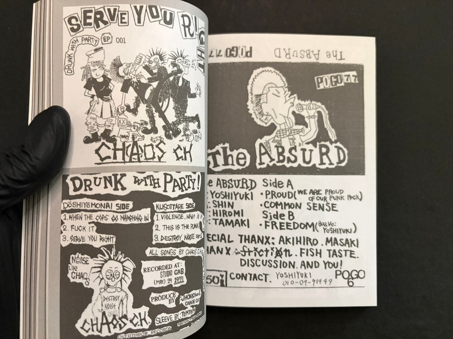 Interior spread of Japanese Punk Graphics (1980–2010) showing hand-drawn punk logos, cartoon figures, and track listings