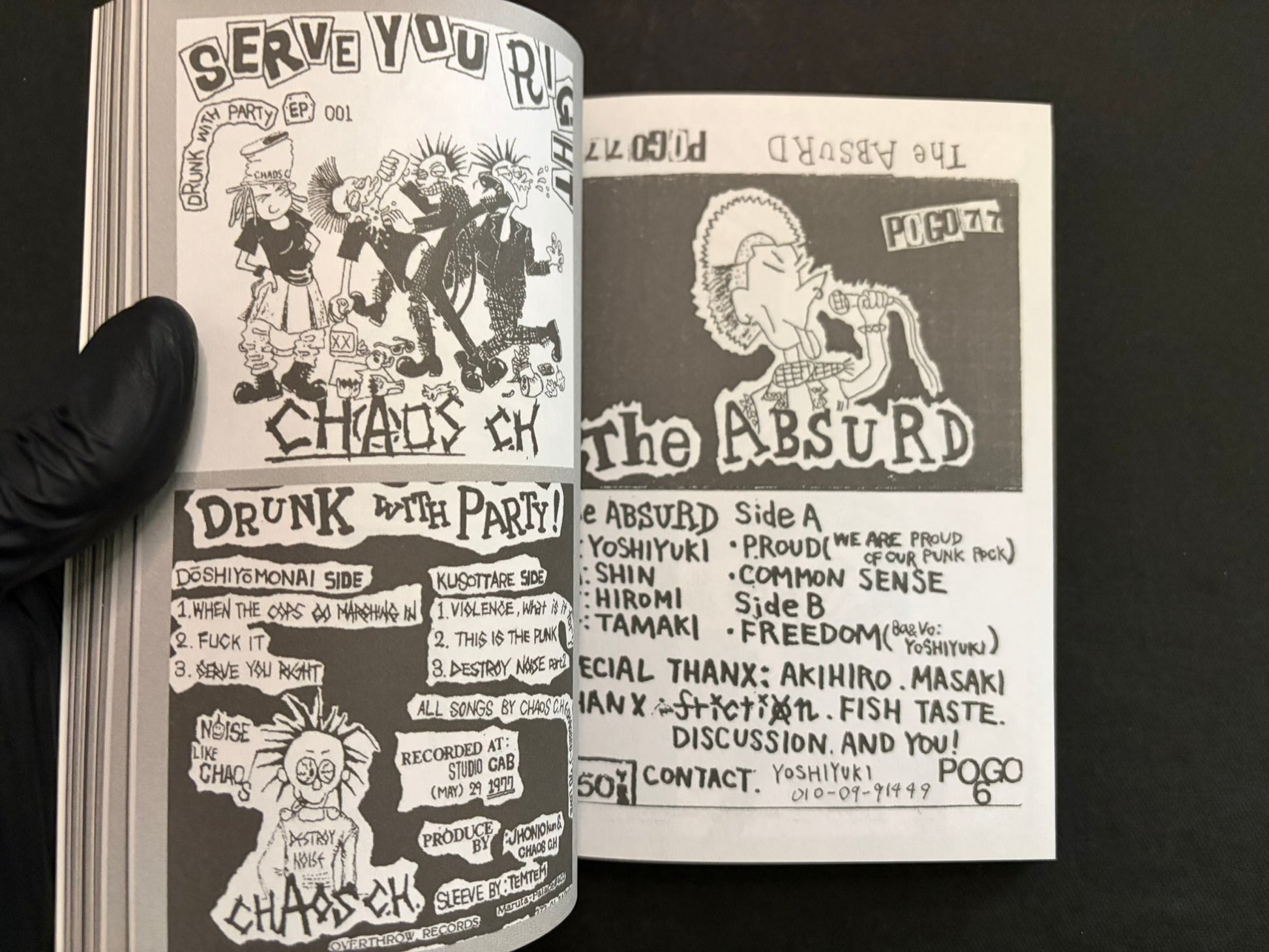 Interior spread of Japanese Punk Graphics (1980–2010) showing hand-drawn punk logos, cartoon figures, and track listings