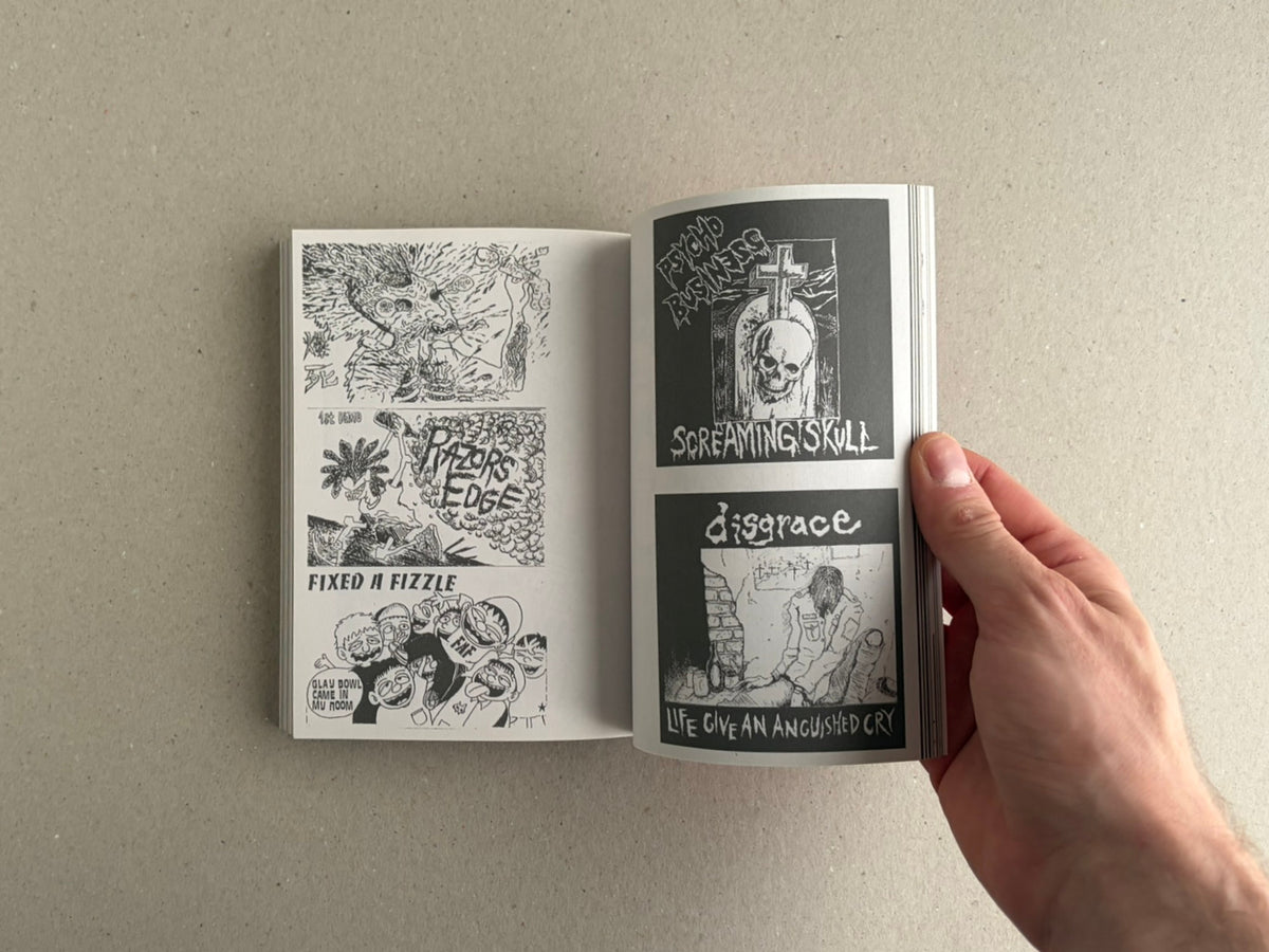 Open spread of Japanese Punk Graphics (1980-2010) showing black-and-white punk zine-style illustrations and hand-drawn lettering.