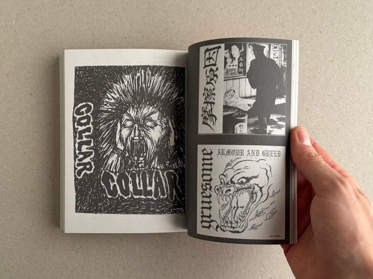 Open spread from Japanese Punk Graphics (1980-2010) showing black-and-white punk graphics, including a spiky face illustration, a street scene, and a snarling creature drawing.