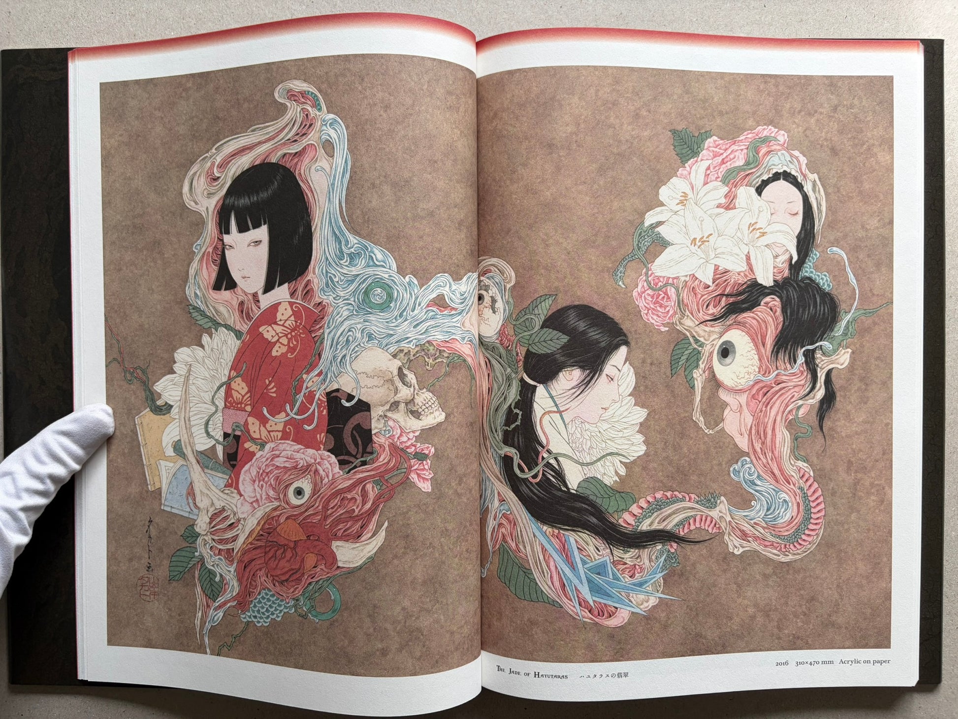 Japonesthétique by Takato Yamamoto opened to a spread of three portrait compositions with floral and skull motifs.