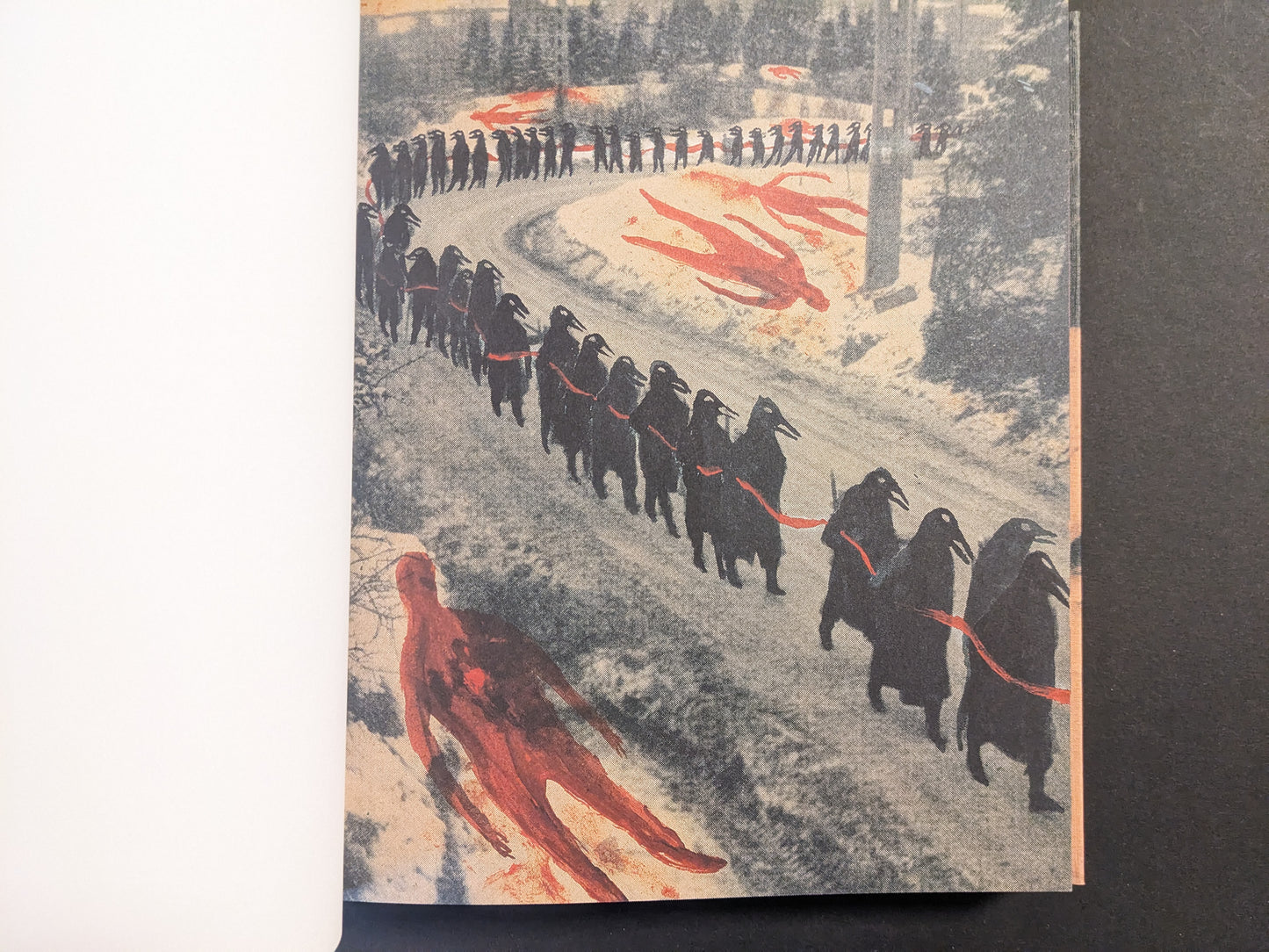 Interior artwork from Julia Soboleva’s “In a Dark Time, the Eye Begins to See,” a winter road scene with a procession of crow-like figures and red, ghostly shapes.