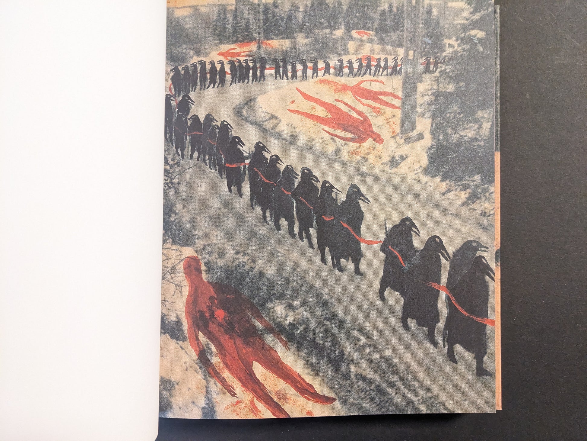 Interior artwork from Julia Soboleva’s “In a Dark Time, the Eye Begins to See,” a winter road scene with a procession of crow-like figures and red, ghostly shapes.