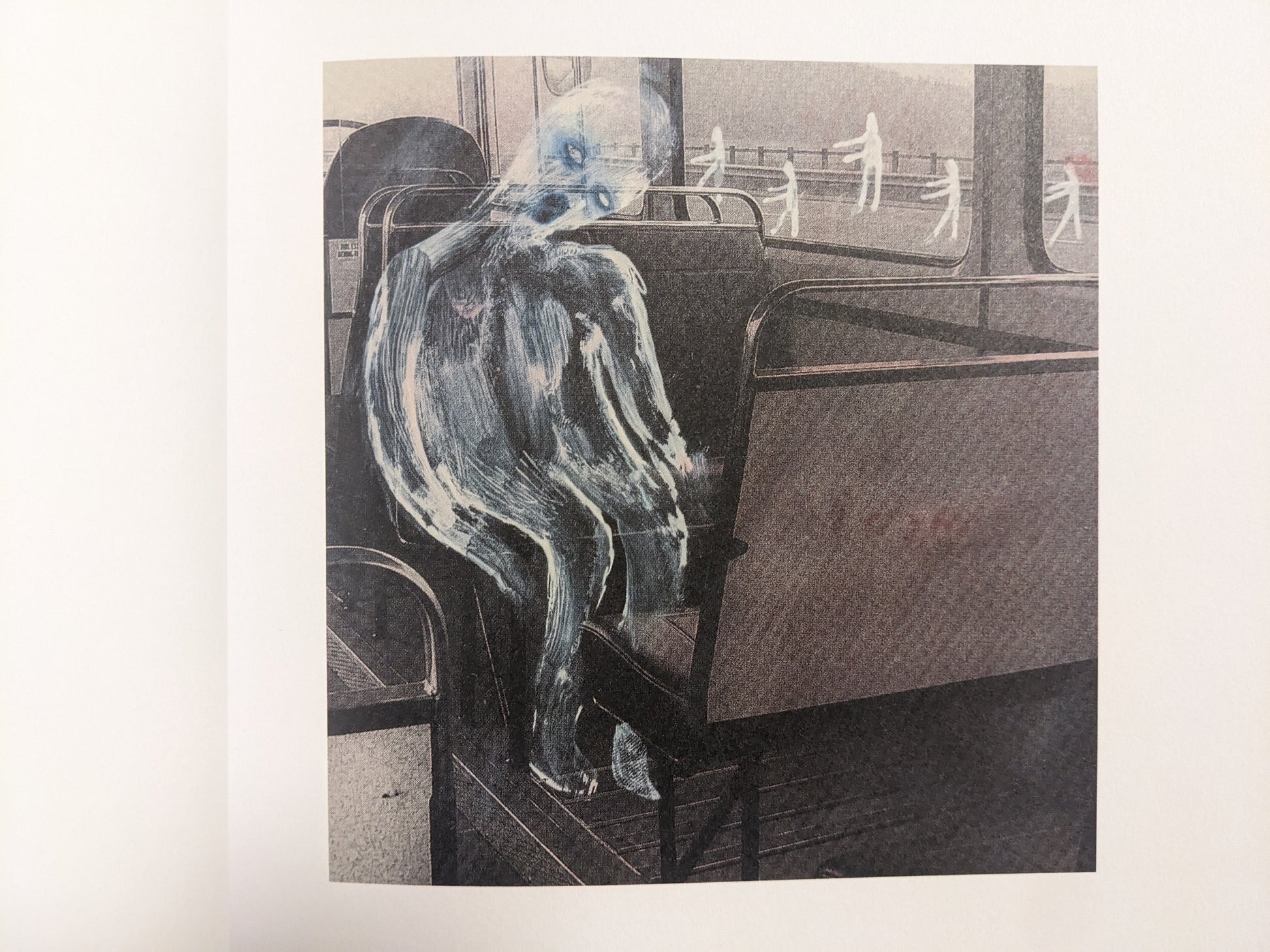 Interior artwork from Julia Soboleva’s “In a Dark Time, the Eye Begins to See,” showing a ghostly figure seated inside a bus with pale figures outside the windows.