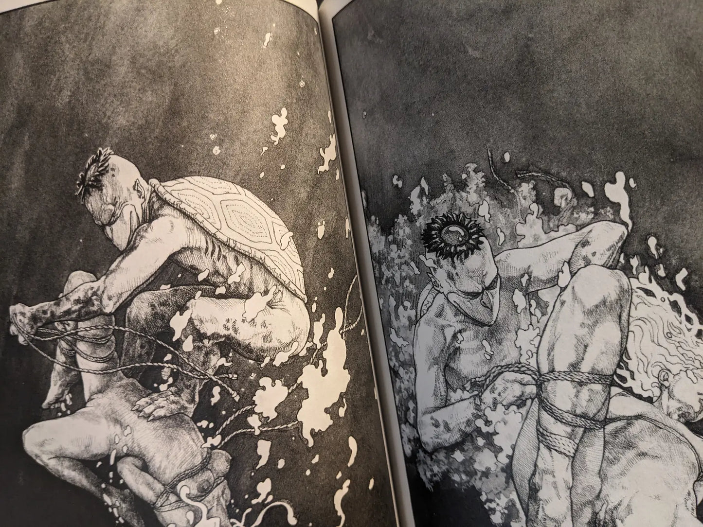 Interior illustration with kappa yokai and rope bondage motif, black-and-white ink