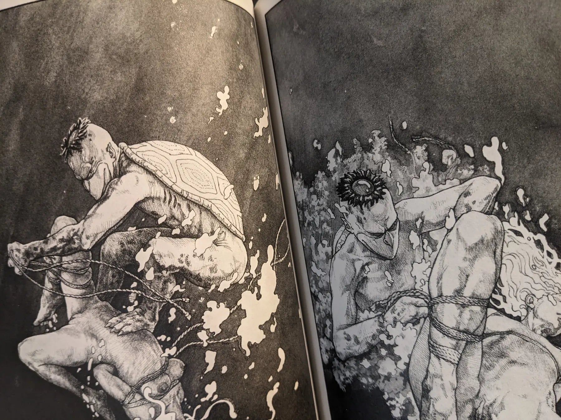 Interior illustration with kappa yokai and rope bondage motif, black-and-white ink