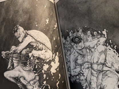 Interior illustration with kappa yokai and rope bondage motif, black-and-white ink