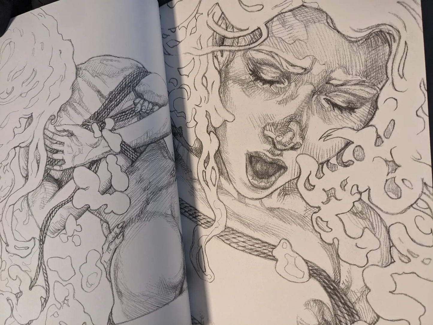 Interior illustration with close-up portrait and rope bondage motif, black-and-white ink