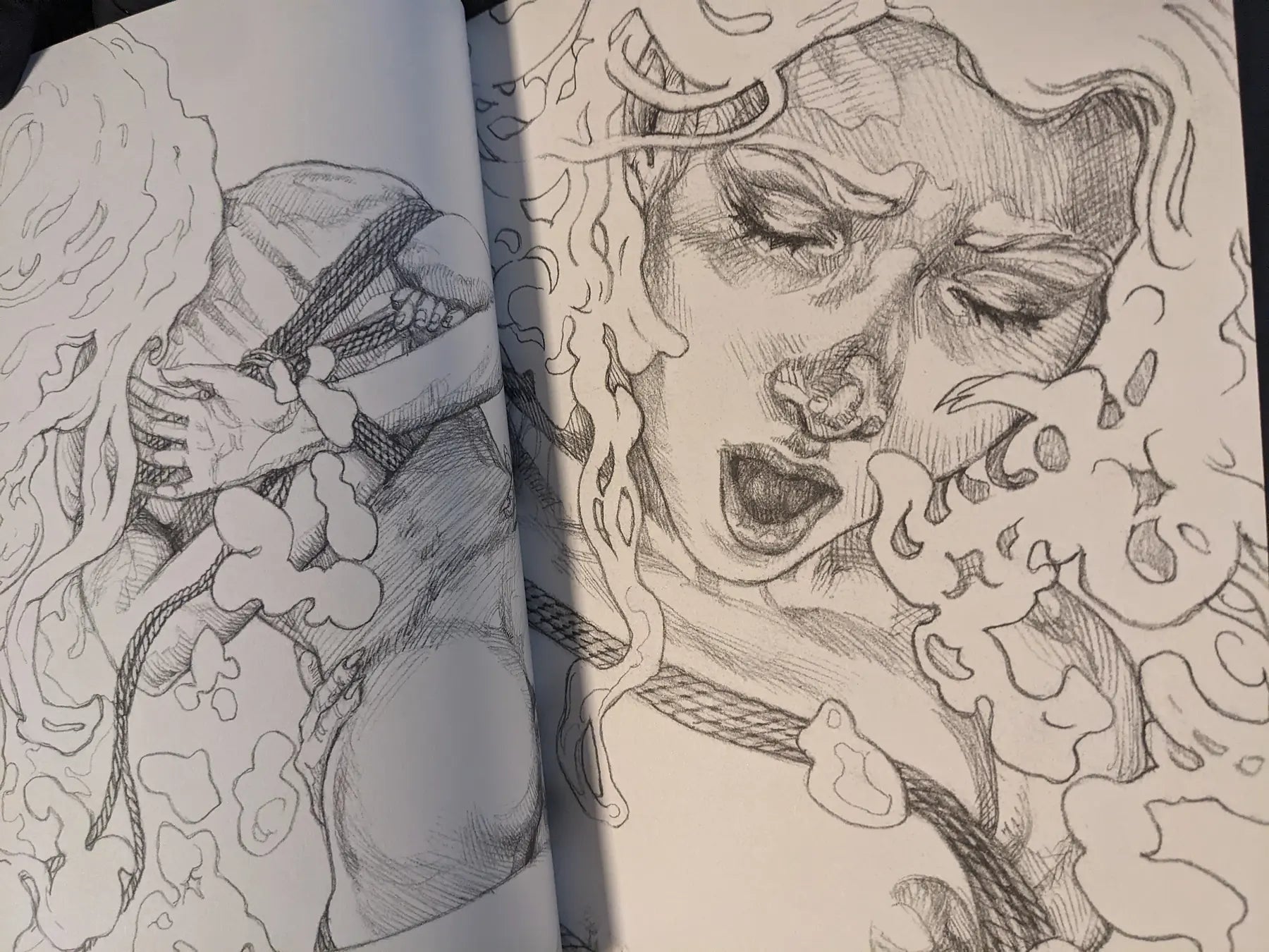Interior illustration with close-up portrait and rope bondage motif, black-and-white ink