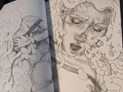 Interior illustration with close-up portrait and rope bondage motif, black-and-white ink