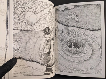 Interior panels with a figure emerging from foam and a water splash, black-and-white ink